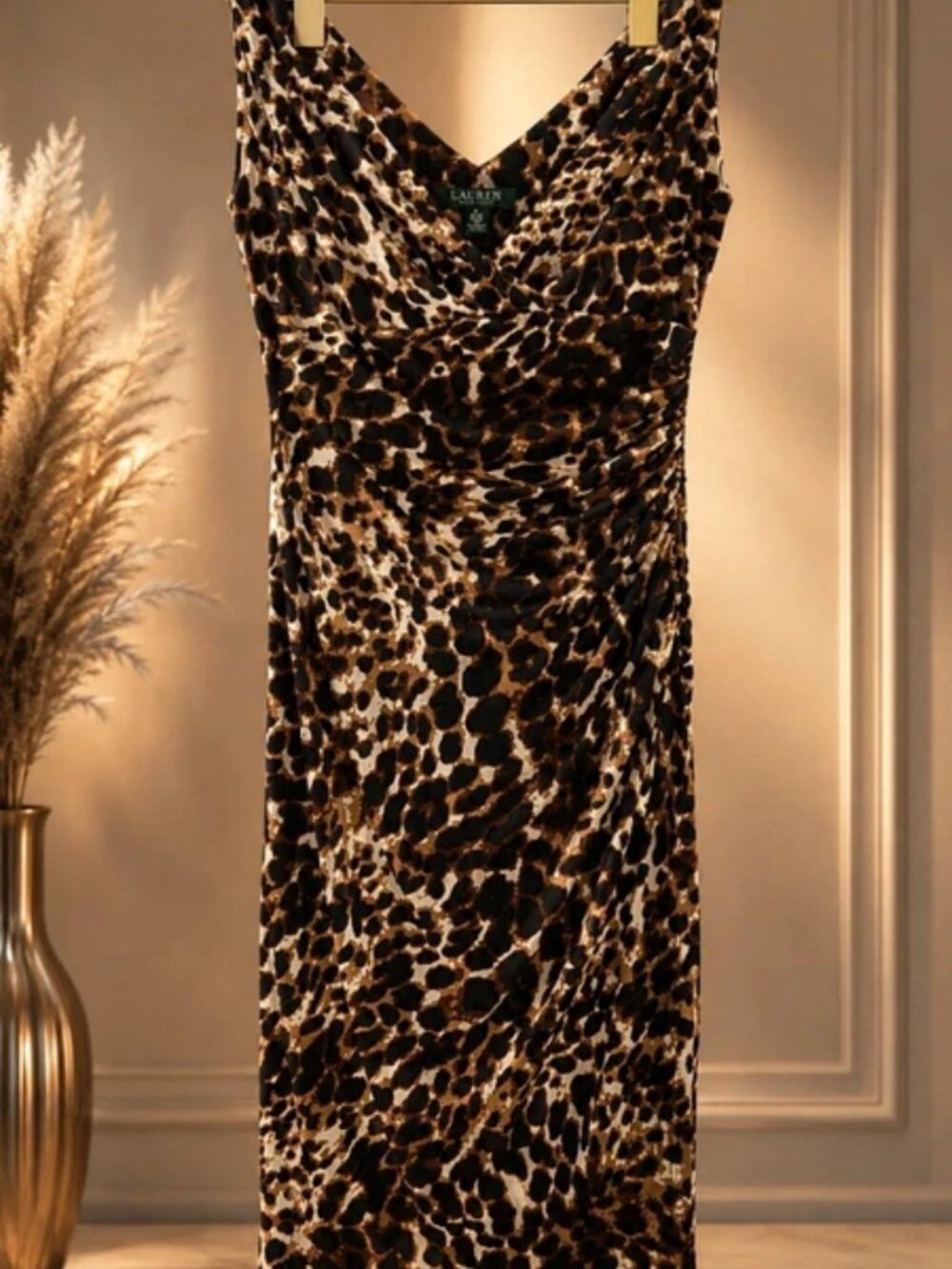 size 2 Ralph Lauren leopard animal ruched cocktail party dress - Picture 1 of 4